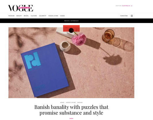 image from vogue living australia press release about ponder designs co featuring the 1000 piece consumption culture puzzle on a pink marble background