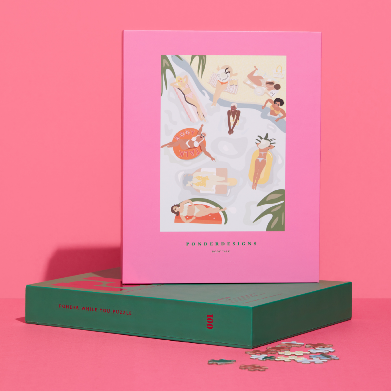 Unique jigsaw puzzle design of 1000 pieces. Illustration, art puzzle titled "body talk" designed to reconnect with the mind. Modern packaging of pink and green boxes with different shaped pieces.